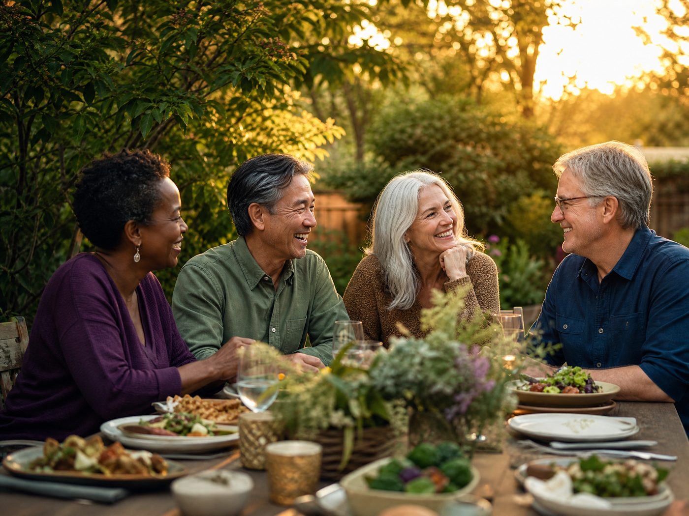 Four friends enjoying an outdoor dinner together in a garden