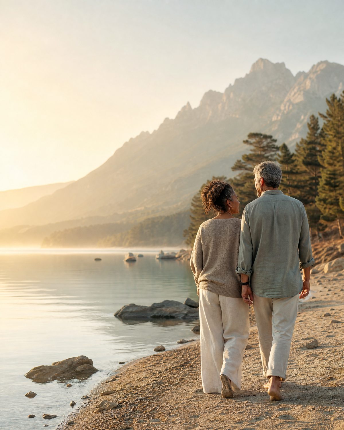 A couple walking together along a calm mountain lake at sunrise