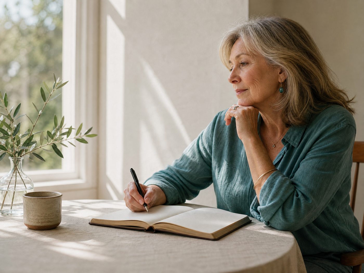 A woman thoughtfully writing in a journal at a sunlit table